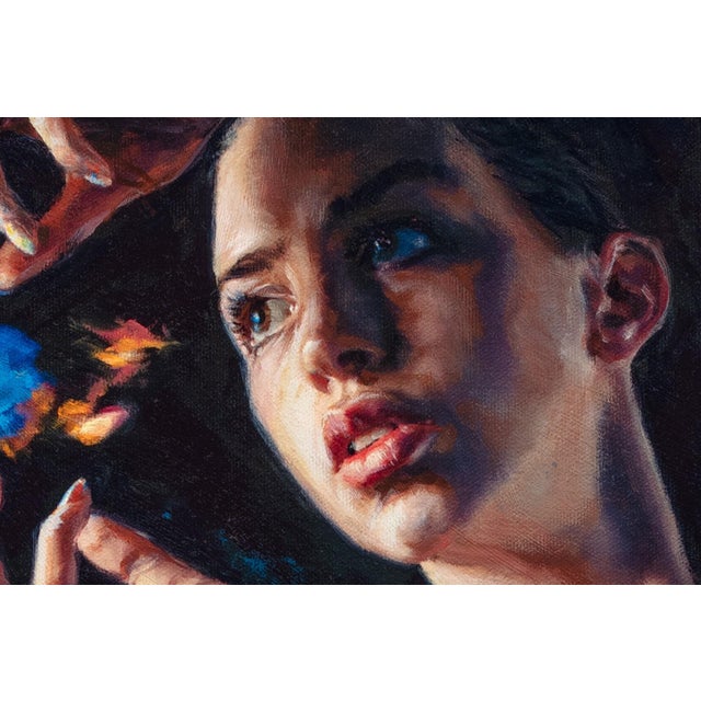Figurative Fire Starter by Dave Seeley | Oil on Canvas on Board Woman creating flames with her hands. For Sale - Image 3 of 5