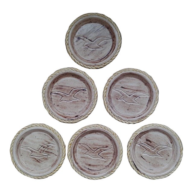 Vintage Coastal Nautical Duncan Enterprises Ceramic Seagull Coasters - Set of 6 For Sale