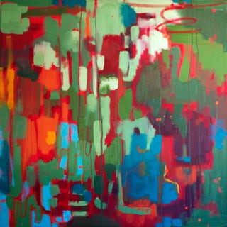Abstract in Red by Samantha Buller | Oil on canvas abstract composition in red and green hues For Sale