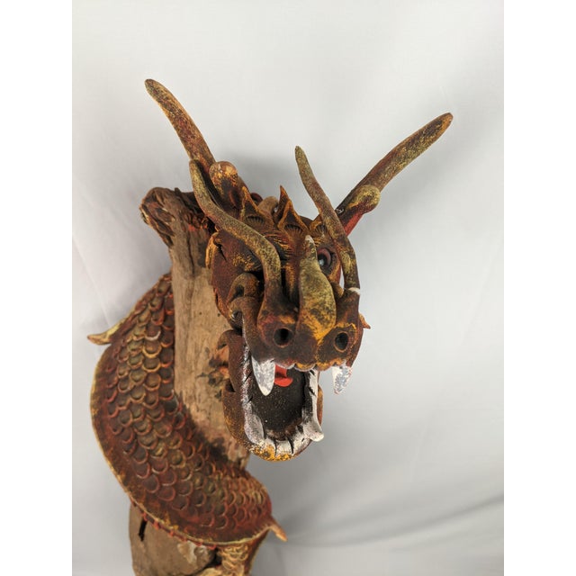 Mid 20th Century Monumental Hand-Carved Asian Dragon Coiled Around Natural Tree Trunk Sculpture With Original Polychrome Finish 40" For Sale - Image 18 of 18