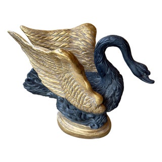 Vintage Hollywood Regency Parcel Gilt Swan Pedestal Dining Center Table Base Newly Painted Matte Black With Hand Gilt Wings and Faux Patinated Finish For Sale