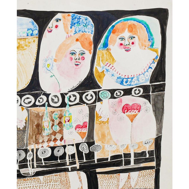 Charles Pebworth "Female Nudes" Pink, Blue, Yellow, and Black Abstract Modern Figurative Drawing, 20th Century For Sale - Image 11 of 12