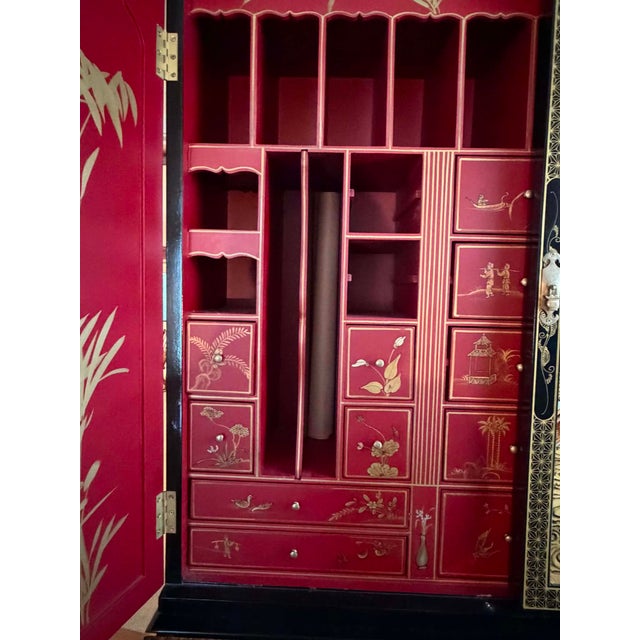 Hand-Painted Vintage Chinoiserie Village Scene Secretary Desk & Bookcase For Sale - Image 12 of 17