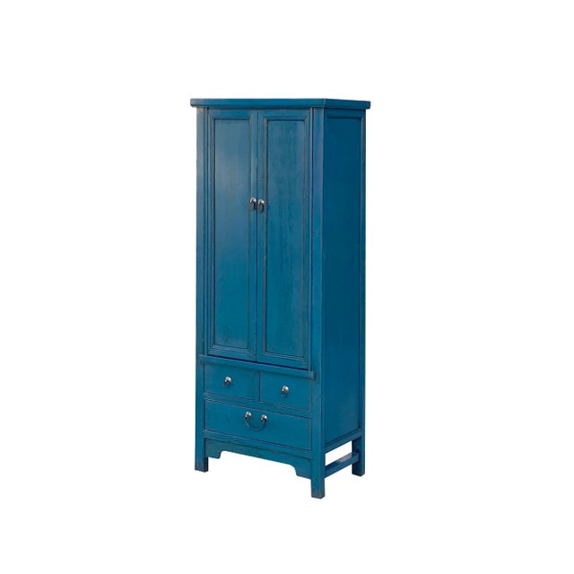 Asian Oriental Dark Teal Blue Narrow Wood Detail Door Drawers Storage Cabinet For Sale - Image 3 of 7
