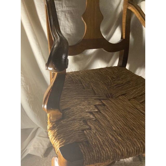 This Is a 19th-Century Venetian Baroque Armchair Crafted From Hand-Carved Walnut With a Hand-Woven Rush Seat. Hand Carved Walnut Rustic Arm Chair. For Sale - Image 4 of 9