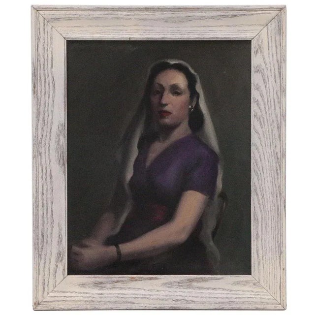 Purple Mid 20th Century Oil on Canvas Portrait of a Veiled Lady For Sale - Image 8 of 8