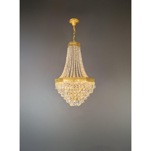Pair of1950s Brass Empire Sac a Pearl Chandelier Crystal Lustre For Sale - Image 4 of 12
