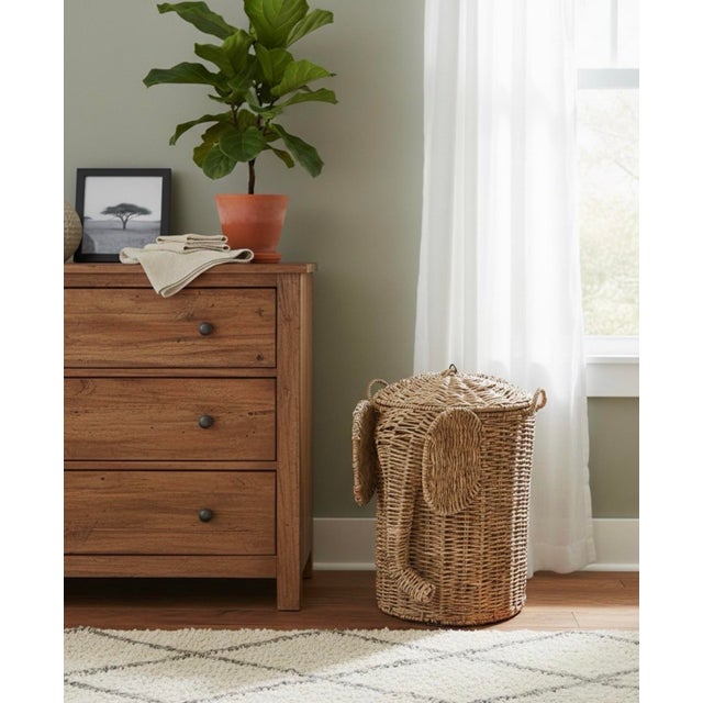 Camel Woven Wicker Elephant Laundry Hamper With Lid For Sale - Image 8 of 9
