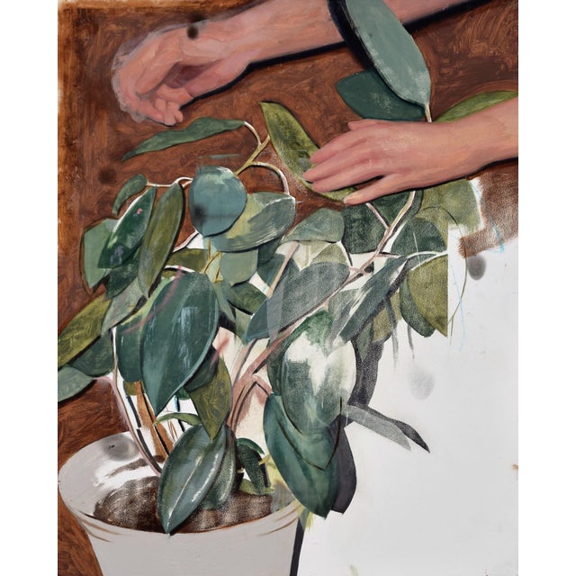 Rubber Plant by Daniel Segrove | Oil Painting of a rubber plant with hands touching the leaves For Sale