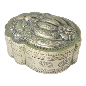 19th Century Chinese Silver or Paktong Cosmetic Box With Melon and Bat