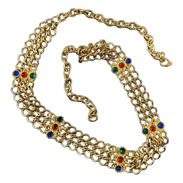 1980s High Quality Brass and Red, Blue and Green Crystals Italian Belt For Sale