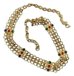1980s High Quality Brass and Red, Blue and Green Crystals Italian Belt