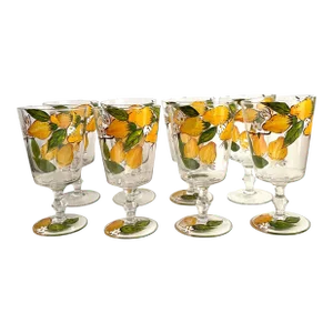 Vintage Hand Painted Crystal Wine Goblet Drinking Glasses Lemon Fruit Floral Set of 8