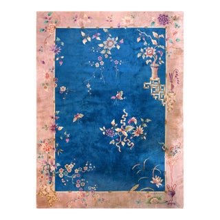 1920s Blue Floral Antique Chinese Art Deco Rug 9' X 11'8" Handknotted Wool Carpet by Nichols Atelier For Sale
