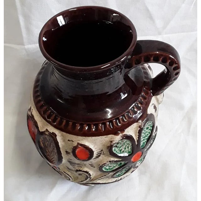 Vintage German Beige and Brown Ceramic Vase with Colored Flower Decor from Bay Keramik, 1990s, in Good conditions....