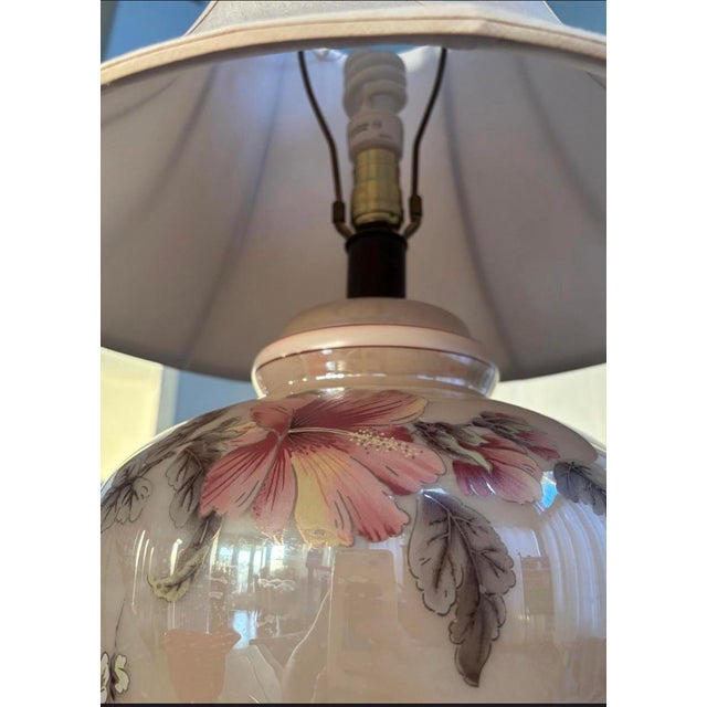 Ceramic Vintage Floral Ceramic Table Lamp With Brass Base & Bell Shade For Sale - Image 7 of 8