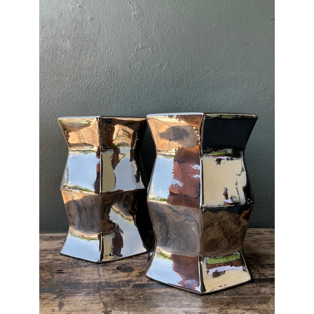 Vintage Faceted Metallic Glaze Low Stools - A Pair For Sale - Image 11 of 18