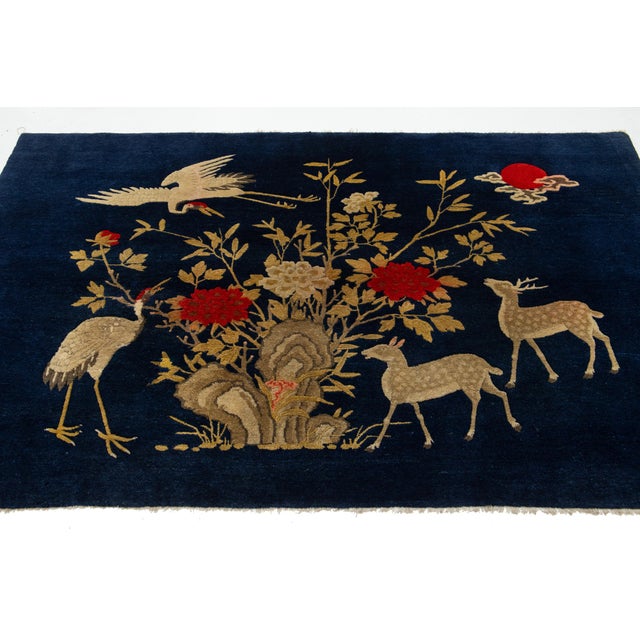 1900 - 1909 4 X 7 Pictorial Handmade Chinese Art Deco Wool Rug in Navy Blue For Sale - Image 5 of 9