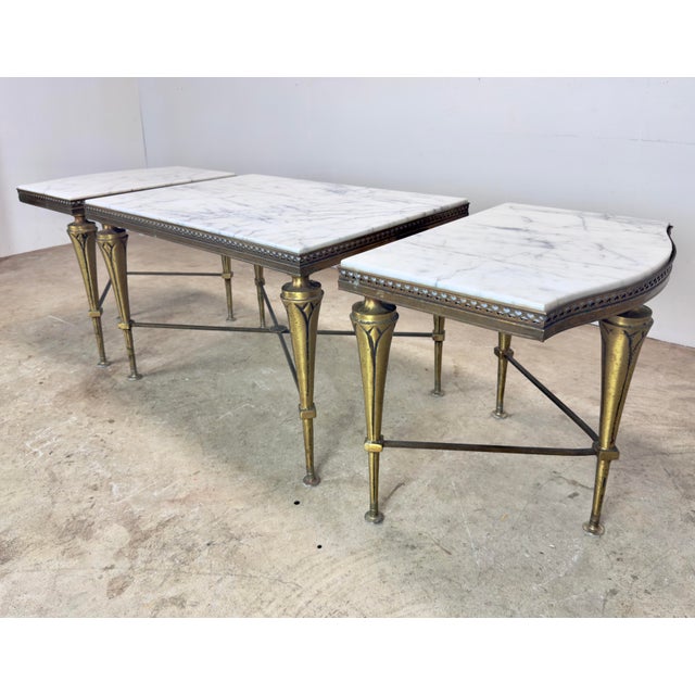 Mid 20th Century French Neoclassical Regency Style Tripartite X-Base Brass & Carrara Marble Tables For Sale - Image 10 of 12