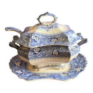 Antique Blue Transfer Decorated Staffordshire Soup Tureen, With Underliner & Ladle, “Clarendon” - 3pcs For Sale