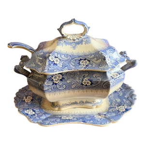 Antique Blue Transfer Decorated Staffordshire Soup Tureen, With Underliner & Ladle, “Clarendon” - 3pcs