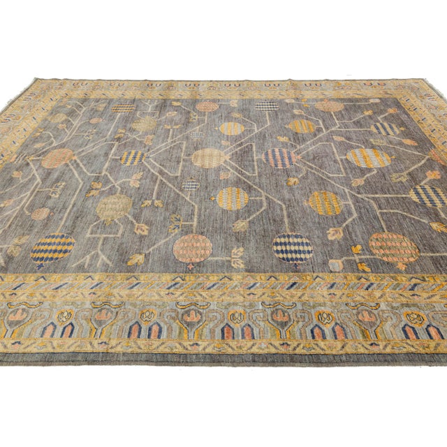 Modern Khotan Style Rug Hand-Knotted Wool Pomegranate Design in Charcoal & Ochre For Sale - Image 10 of 11