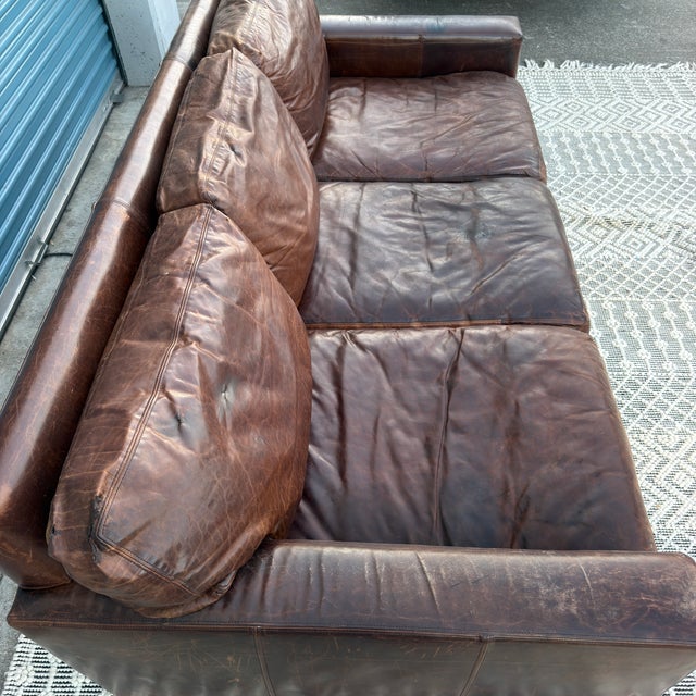 Restoration Hardware Genuine Top Grain Brown Leather Sofa For Sale - Image 11 of 18