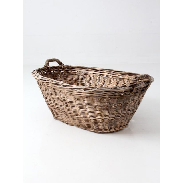 Antique French Country Wicker Laundry Basket With Wood Base For Sale - Image 6 of 15