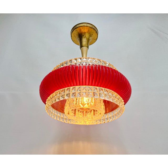 Vintage Pendant Lamp in Red and Clear Plastic with Glass Shade, 1970s For Sale - Image 9 of 11