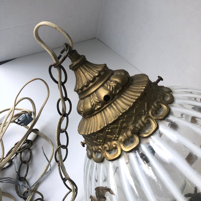 Mid 20th Century Hollywood Regency Round Opaque and Clear Swag Lamp Brass Flowers For Sale In Sacramento - Image 6 of 13