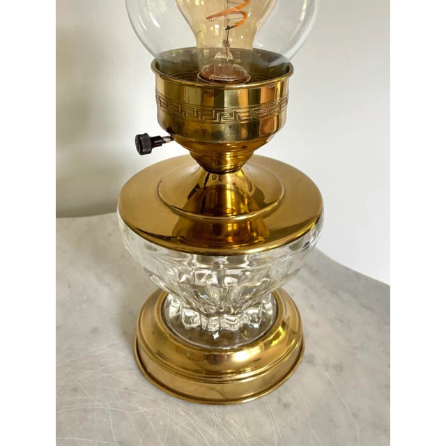 REWIRED early glass and brass hurricane lamp with Greek key detail. Lovely piece, simple and elegant. Please see condition...