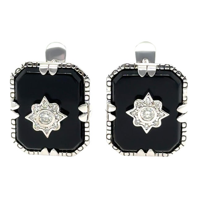 14ct White Gold Onyx & Diamond Earrings 7.66ct 6.9g, A Pair For Sale
