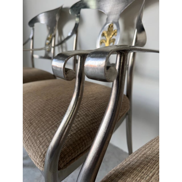 Vintage Neoclassical-Style Brushed Steel and Brass Dining — Set of 5/ Sold For Sale In Miami - Image 6 of 12