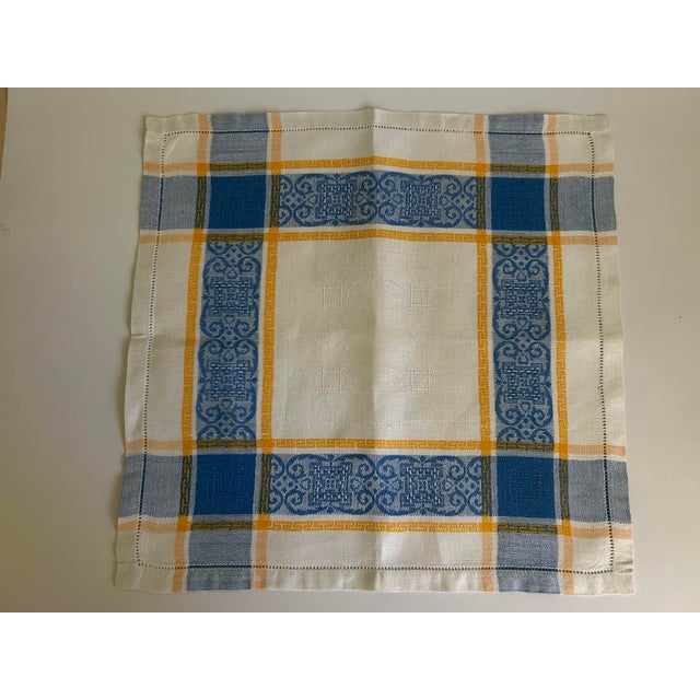 Mustard Vintage European Linen Napkins, Blue & Mustard Jacquard Plaid With Damask Border, Hemstitched - Set of 6 For Sale - Image 8 of 12