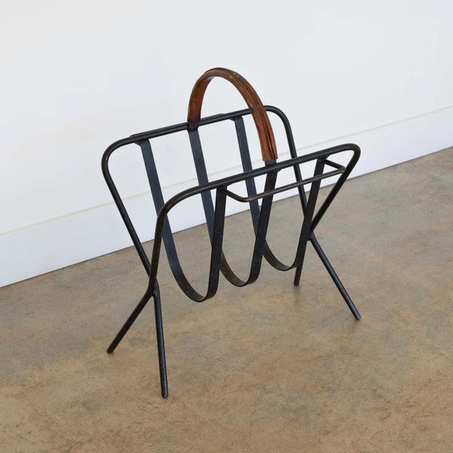 Metal 1940s Iron and Leather Magazine Rack in the Style of Jacques Adnet For Sale - Image 7 of 11