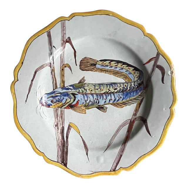 Antique 19th Century Hand Painted French Art Nouveau Faience Fish Plate For Sale