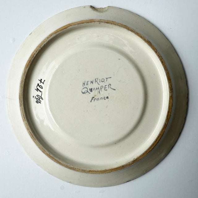 French Provincial Antique French Henriot Quimper Hand Painted Plate For Sale - Image 3 of 3