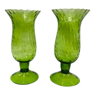 Mid Century Spring Green Hurricane Candle Holders - a Pair For Sale
