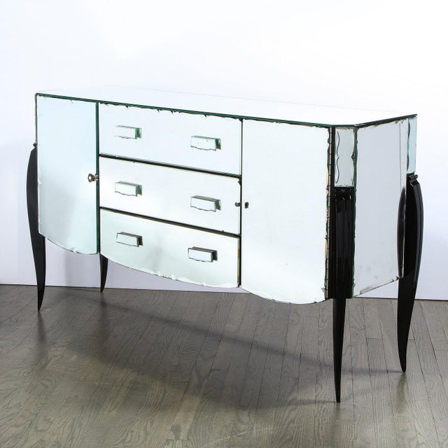 Art Deco French 1940s Art Deco Beveled Mirrored Chest With Ebonized Walnut Cabriolet Legs For Sale - Image 3 of 12