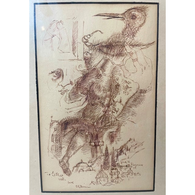 Surrealism Original 1968 Signed Chaim Gross Pen and Ink Drawing Abstract Surrealism Sketch For Sale - Image 3 of 12
