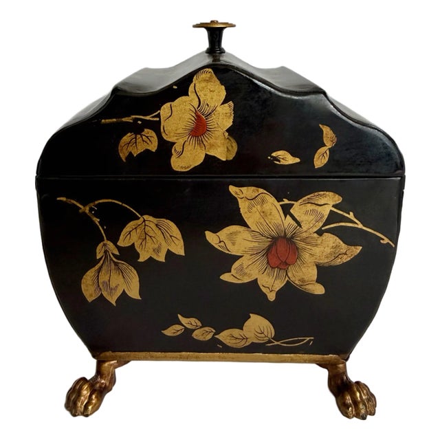 Vintage Italian Tole Floral Hinged Box for Bergdorf Goodman With Gilt Claw Feet For Sale