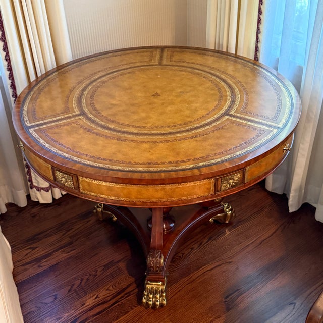 Maitland Smith Brass Mounted Mahogany and Leather Drum Table For Sale - Image 12 of 12