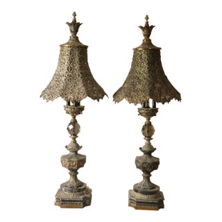 Vintage Hollywood Regency Pierced Metal Statement Table Lamps - A Pair For Sale