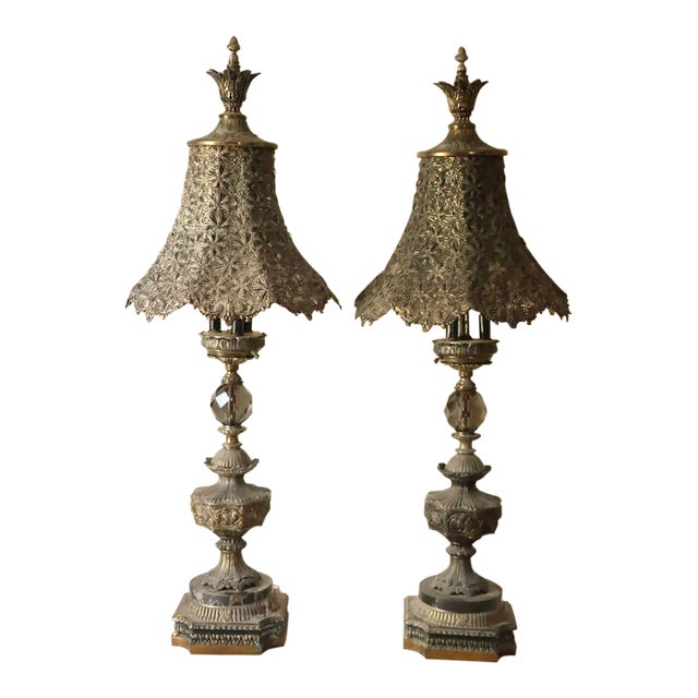 Vintage Hollywood Regency Pierced Metal Statement Table Lamps - A Pair For Sale