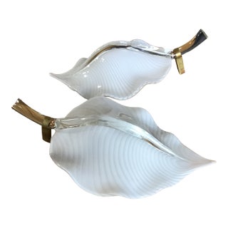 Vintage Glass White Leaf Decorative Murano Glass Art Piece - a Pair For Sale