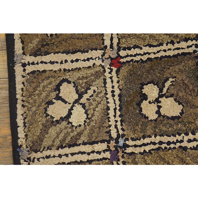American 1900s Brown Floral Folk Art Antique American Hooked Rug 4'0" X 6'6" Handknotted Wool Carpet For Sale - Image 3 of 4