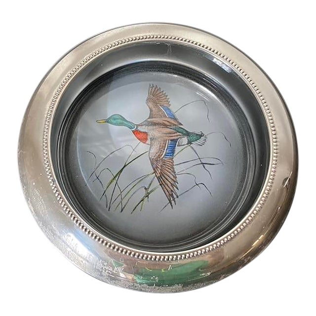 Early 20th Century Champagne Bottle Coaster With Sterling Silver Rim and Duck Bird Art Glass For Sale