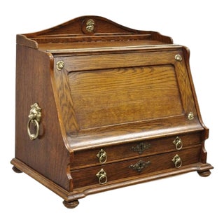 Antique English Victorian Oak Wood Desktop Portable Lap Desk Letter Holder For Sale
