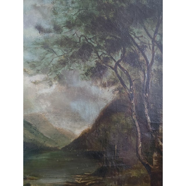Textile Antique 19th Century Oil Painting Moody Woodland Landscape With Deer For Sale - Image 7 of 15