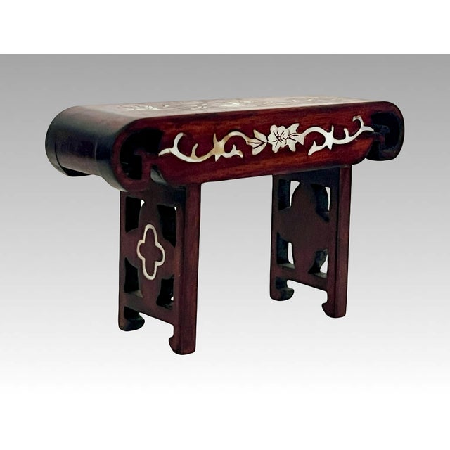 Collection of Miniature Chinese Hand Carved Rosewood Dolls House Furniture Inlaid With Mother of Pearl, 13 Pieces (Seating, Dining & Display) For Sale - Image 11 of 11